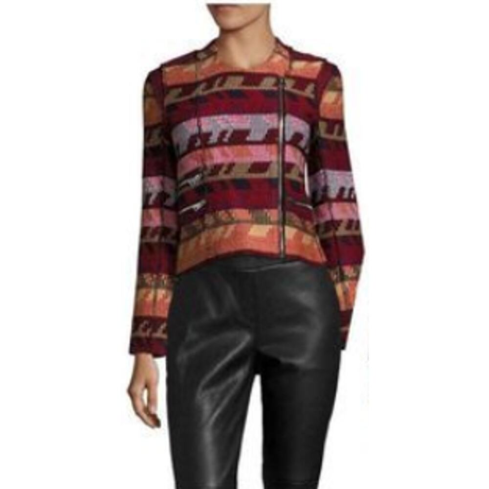 Maje Aztec Moto Jacquard Jacket Asymmetric Zip Front Sz 38 Medium Quiet Luxury - Picture 3 of 12